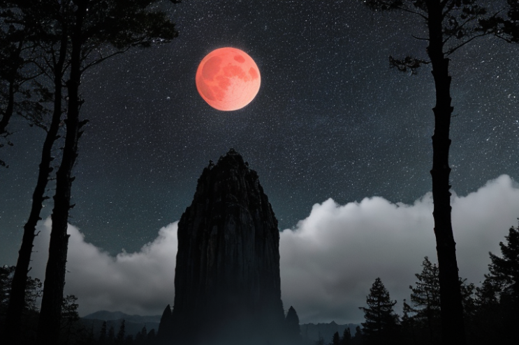 [Ai Greem] 배경_달 031: 월식, 붉은 달, 적월, 빨간 달, 숲, 숲속, 자연, 상업적으로 사용 가능한 무료 이미지, 월식 일러스트, 월식 AI 이미지