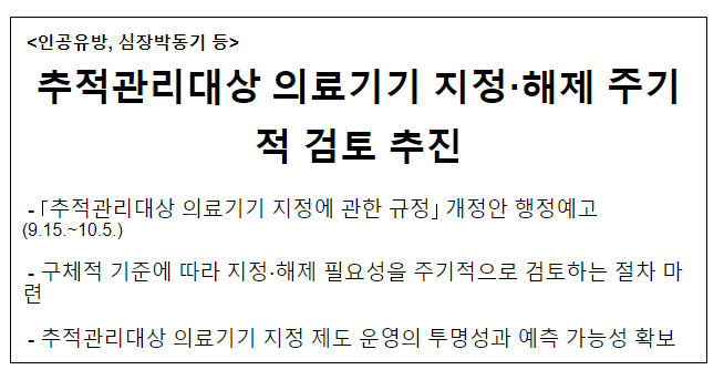 추적관리대상 의료기기 지정.해제 주기적 검토 추진 추적관리대상 의료기기 지정.해제 주기적 검토 추진