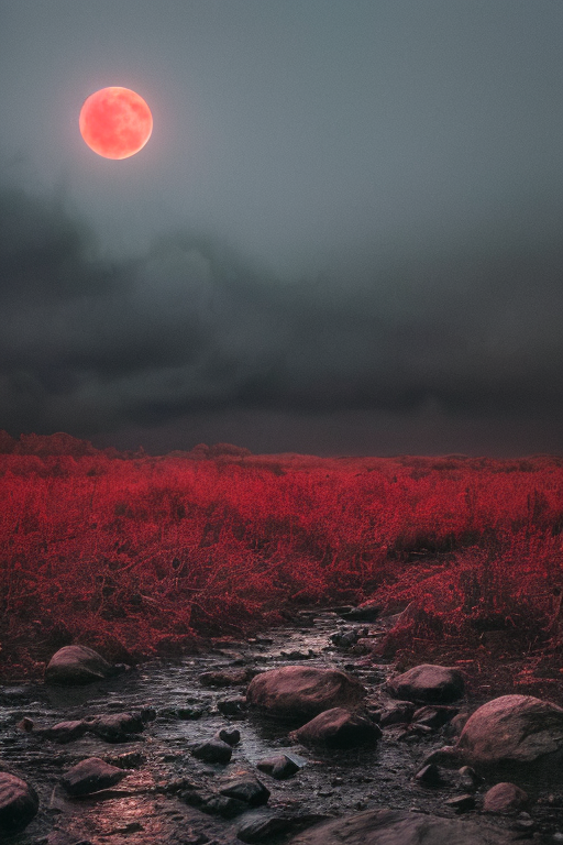 [Ai Greem] 배경_달 027: 어두운 숲을 배경으로 하는 붉은 달 AI 무료 일러스트 이미지