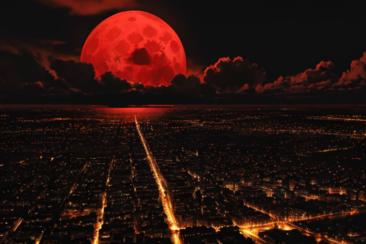 [Ai Greem] 배경_달 017: 도시 배경의 붉은 달 Ai 무료 이미지