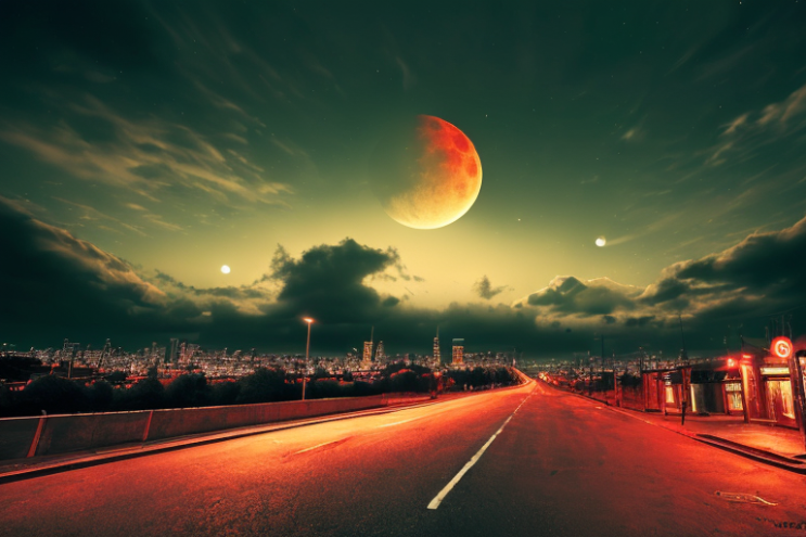 [Ai Greem] 배경_달 015: Free image of Red Moon Ai Illustration with City Background