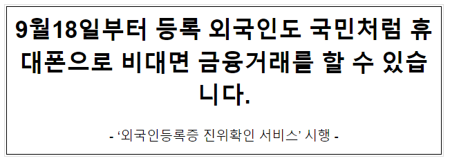 9월18일부터 등록 외국인도 국민처럼 휴대폰으로 비대면 금융거래를 할 수 있습니다.