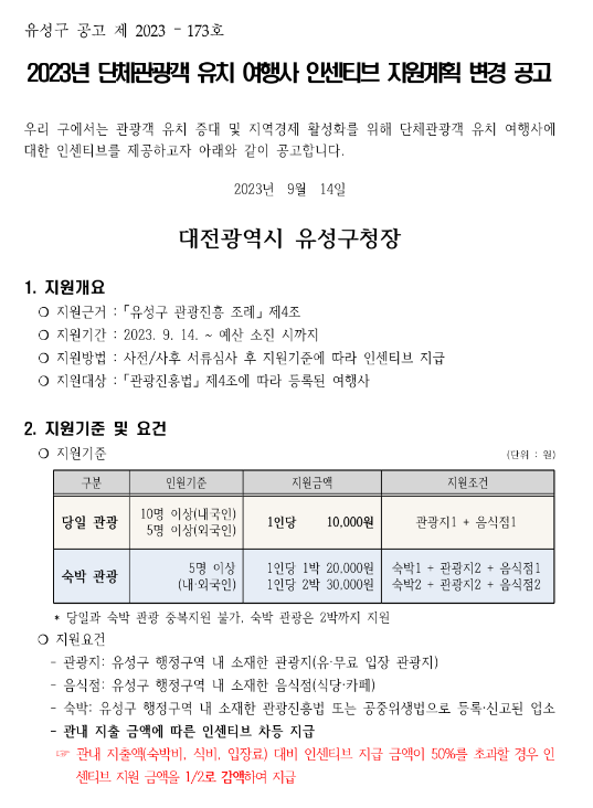 2023년 대전광역시 유성구 단체관광객 유치 여행사 인센티브 지원계획 변경 공고 2023년 대전광역시 유성구 단체관광객 유치 여행사 인센티브 지원계획 변경 공고