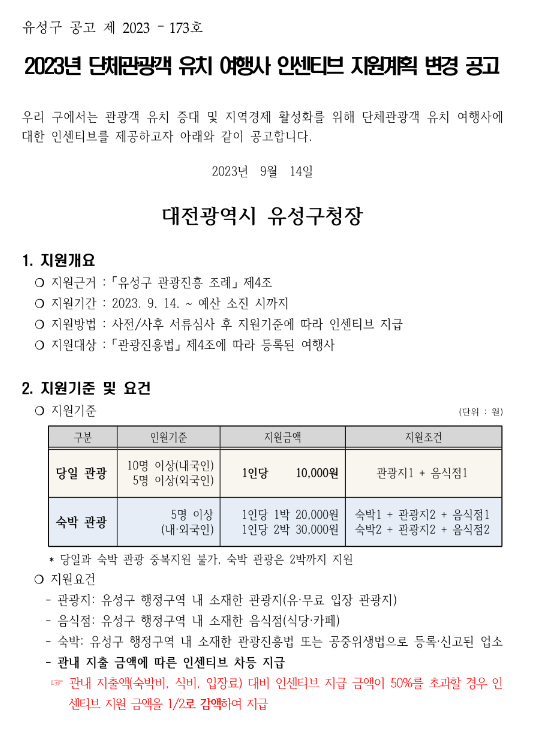 2023년 대전광역시 유성구 단체관광객 유치 여행사 인센티브 지원계획 변경 공고