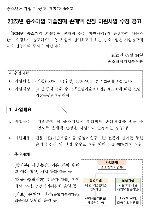 2023년 중소기업 기술침해 손해액 산정 지원사업 수정 공고 2023년 중소기업 기술침해 손해액 산정 지원사업 수정 공고