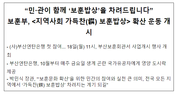보훈부, <지역사회 가득찬(饌) 보훈밥상> 확산 운동 개시 보훈부, <지역사회 가득찬(饌) 보훈밥상> 확산 운동 개시