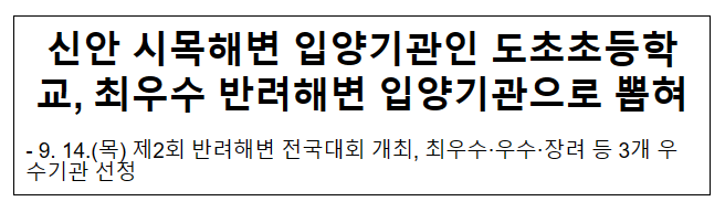 신안 시목해변 입양기관인 도초초등학교, 최우수 반려해변 입양기관으로 뽑혀