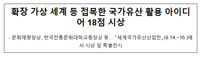 확장 가상 세계 등 접목한 국가유산 활용 아이디어 18점 시상 확장 가상 세계 등 접목한 국가유산 활용 아이디어 18점 시상