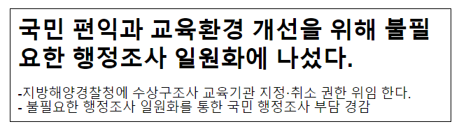 국민 편익과 교육환경 개선을 위해 불필요한 행정조사 일원화에 나섰다. 국민 편익과 교육환경 개선을 위해 불필요한 행정조사 일원화에 나섰다.