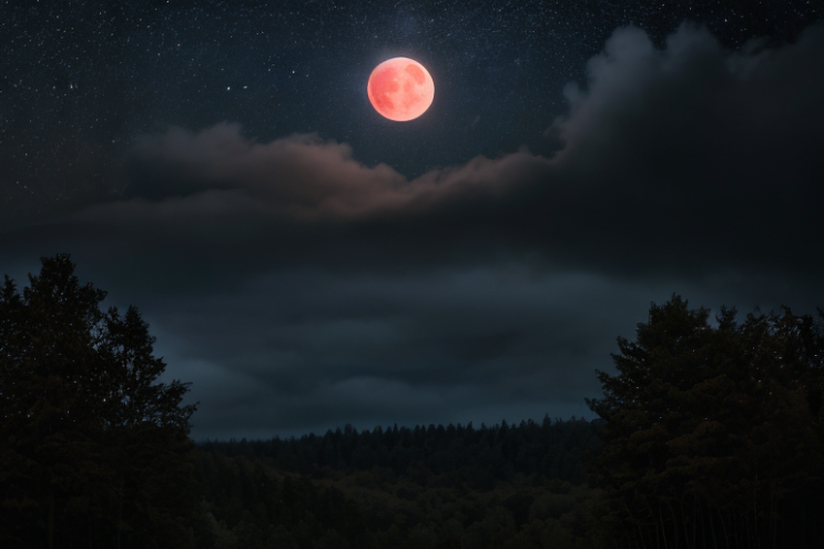 [Ai Greem] 배경_달 036: 월식, 붉은 달, 적월, 빨간 달, 숲, 숲속, 자연, 상업적으로 사용 가능한 무료 이미지, 월식 일러스트, 월식 AI 이미지