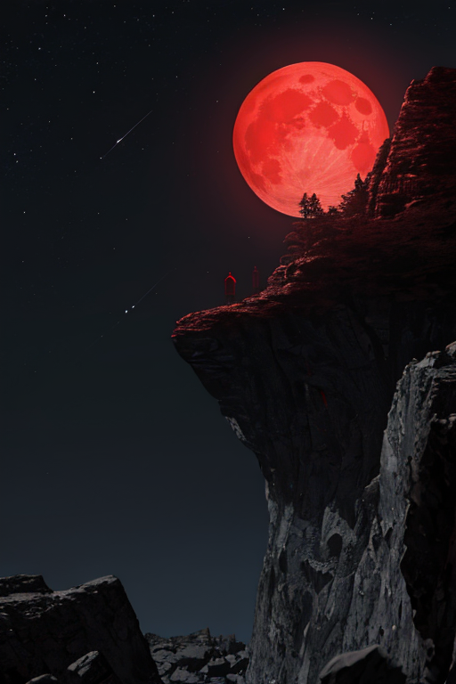 [Ai Greem] 배경_달 042: 절벽을 배경으로 하는 붉은 달, 적월 Ai 무료 이미지 일러스트