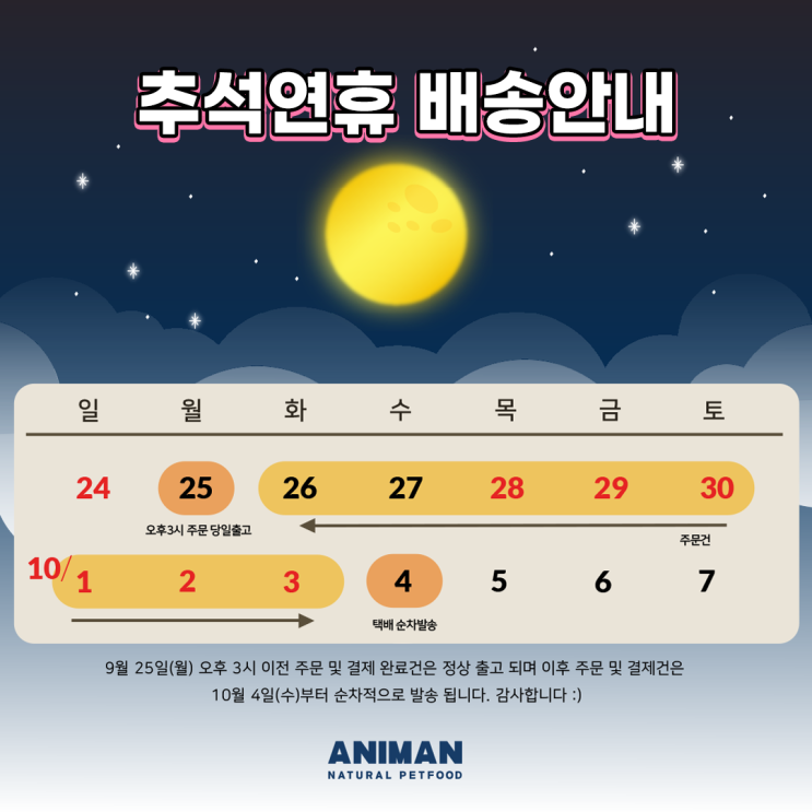  애니먼 추석연휴 배송안내