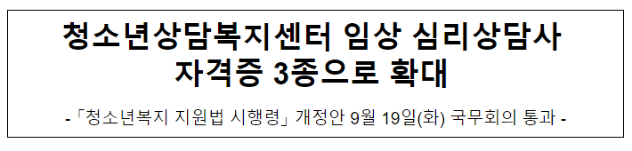청소년상담복지센터 임상 심리상담사 자격증 3종으로 확대 청소년상담복지센터 임상 심리상담사 자격증 3종으로 확대