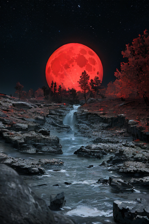  [Ai Greem] 배경_달 045: free image of a lunar eclipse & red moon with cliffs in the background.
