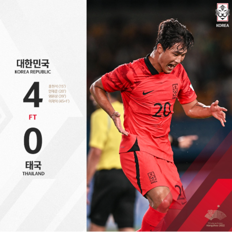  항저우 아시안게임 남자축구 태국 꺾고 조1위 16강 진출 확정(한국태국, 한국4대0, 홍현석 안재준 엄원상 이재익, 16강 대진 혹시 북한??)