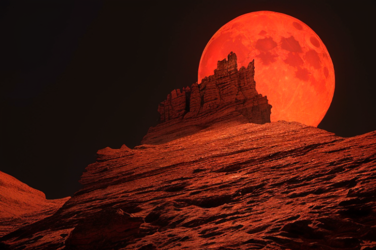 [Ai Greem] 배경_달 058: Ai로 만든 월식, 적월, 붉은 달 무료 이미지 배경, 절벽 배경의 월식 그림
