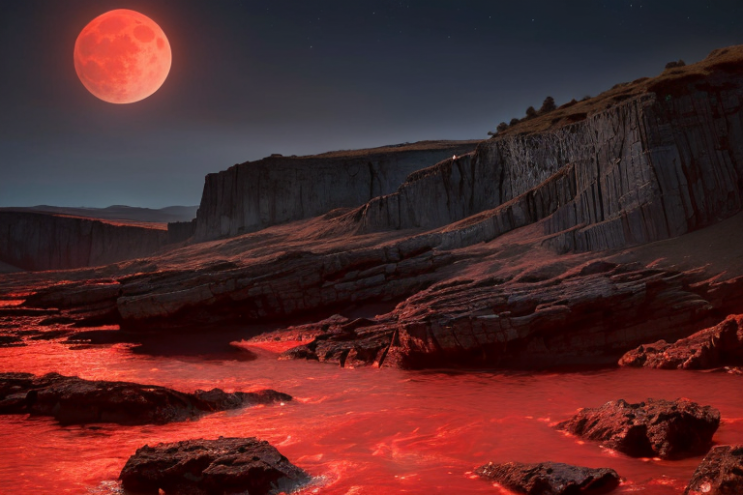 [Ai Greem] 배경_달 057: 월식, 붉은 달, 적월, 빨간 달, 절벽, 암석, 자연, 상업적으로 사용 가능한 무료 이미지, 월식 일러스트, 월식 AI 이미지