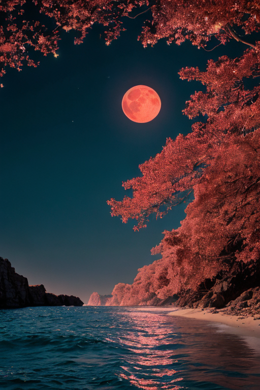 [Ai Greem] 배경_달 062: 월식, 붉은 달, 적월, 빨간 달, 바다, 해변, 바닷가, 상업적으로 사용 가능한 무료 이미지, 월식 일러스트, 월식 AI 이미지