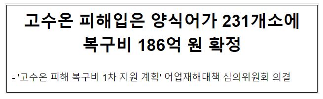 고수온 피해입은 양식어가 231개소에 복구비 186억 원 확정 고수온 피해입은 양식어가 231개소에 복구비 186억 원 확정