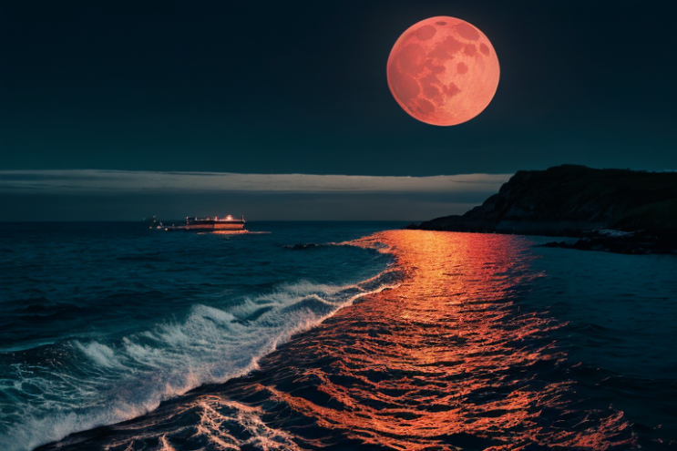 [Ai Greem] 배경_달 077: 파도, 바다를 배경으로 하는 월식, 적월, 붉은 달 관련 무료 일러스트 및 이미지
