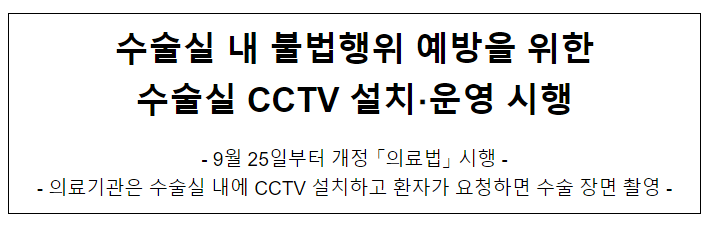 수술실 내 불법행위 예방을 위한 수술실 CCTV 설치·운영 시행 수술실 내 불법행위 예방을 위한 수술실 CCTV 설치·운영 시행