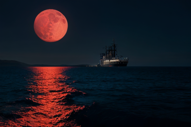 [Ai Greem] 배경_달 071: 월식, 붉은 달, 적월, 빨간 달, 바다, 해변, 바닷가, 상업적으로 사용 가능한 무료 이미지, 월식 일러스트, 월식 AI 이미지