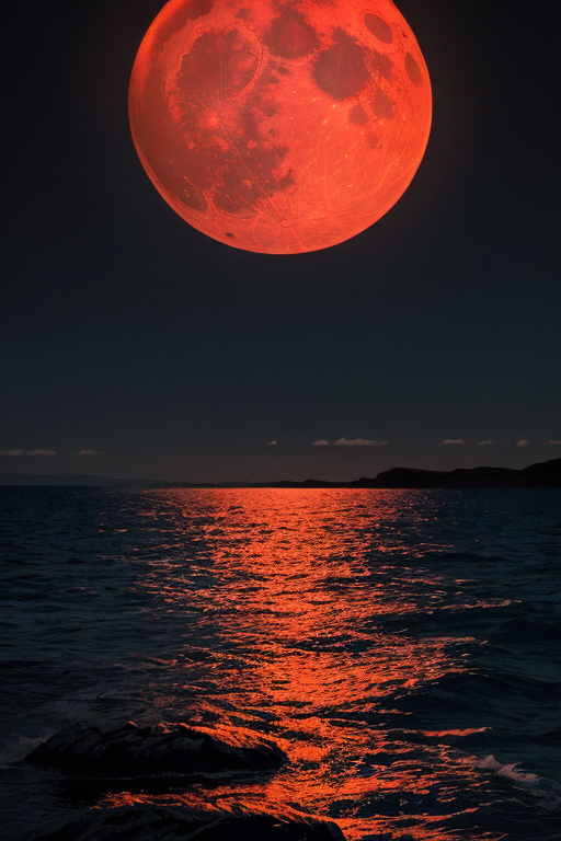  [Ai Greem] 배경_달 065: Free image of a lunar eclipse & red moon with the sea in the background.