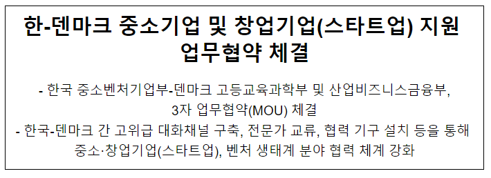한-덴마크 중소기업 및 창업기업(스타트업) 지원 업무협약 체결 한-덴마크 중소기업 및 창업기업(스타트업) 지원 업무협약 체결
