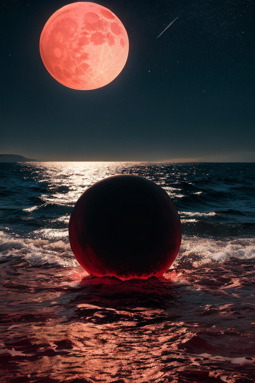 [Ai Greem] 배경_달 069: 저녁 시간 때의 바닷가를 배경으로 하는 적월, 붉은 달, 빨간 달 관련 Ai 무료 이미지 및 일러스트