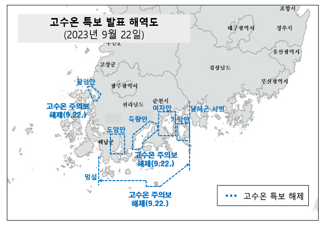 전 연안 고수온 특보 전면 해제 전 연안 고수온 특보 전면 해제