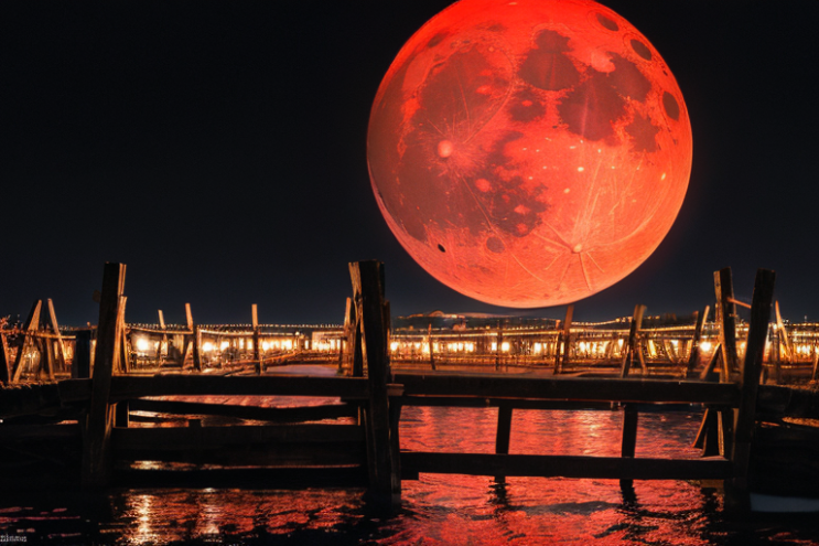  [Ai Greem] 배경_달 075: Free lunar eclipse & red moon image against the backdrop of night sea and wharf