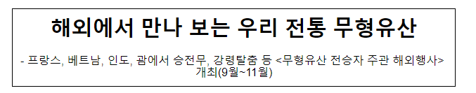 프랑스, 베트남, 인도, 괌에서 승전무, 강령탈춤 등 <무형유산 전승자 주관 해외행사> 개최(9월~11월) 프랑스, 베트남, 인도, 괌에서 승전무, 강령탈춤 등 <무형유산 전승자 주관 해외행사> 개최(9월~11월)