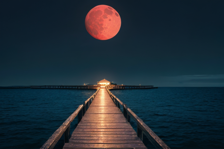 [Ai Greem] 배경_달 080: 저작권 걱정 없이 상업적으로 사용 가능한 밤바다, 부둣가 배경의 월식, 붉은 달, 적월 관련 Ai 무료 이미지 및 일러스트