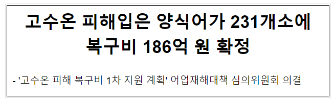 고수온 피해입은 양식어가 231개소에 복구비 186억 원 확정