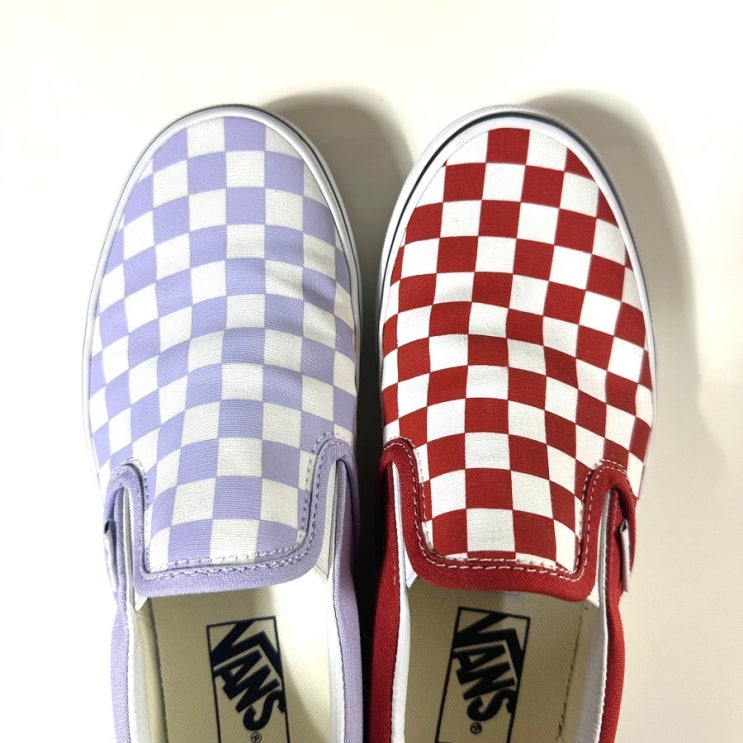  반스 VANS 띠어리 체커보드 클래식 슬립온 레드 빨강 & 라이트 퍼플 연보라 운동화 구매 리뷰.