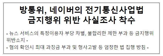 방통위, 네이버의 전기통신사업법 금지행위 위반 사실조사 착수