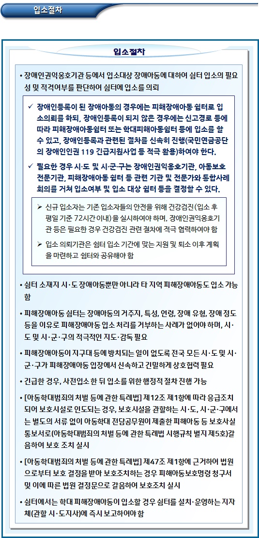 피해장애아동 쉼터 입소대상 및 절차, 기간