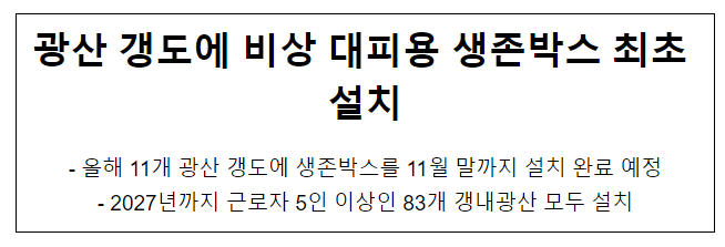 광산 갱도에 비상 대피용 생존박스 최초 설치