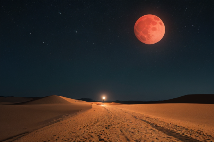  [Ai Greem] 배경_달 093: 황량한 사막을 배경으로 하는 월식, 붉은 달, 적월, red moon Ai 무료 이미지 및 일러스트