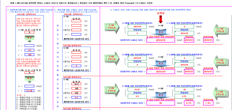  전선단면적,전압강하,케이블 허용전류치 계산식