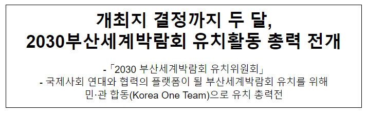 개최지 결정까지 두 달, 2030부산세계박람회 유치활동 총력 전개 개최지 결정까지 두 달, 2030부산세계박람회 유치활동 총력 전개