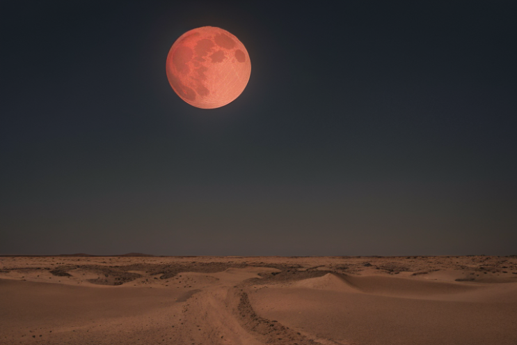 [Ai Greem] 배경_달 096: 월식, 붉은 달, 적월, 빨간 달, 사막, 모래, 상업적으로 사용 가능한 무료 이미지, 월식 일러스트, 월식 AI 이미지