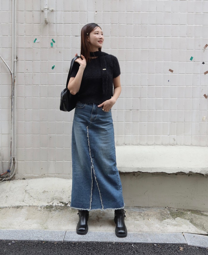 가을 OOTD 롱 데님스커트 청치마 & 머플러 반팔니트 &버클부츠 코디(ft 바이도자 쇼핑몰)