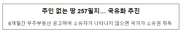 주인 없는 땅 257필지… 국유화 추진 주인 없는 땅 257필지… 국유화 추진