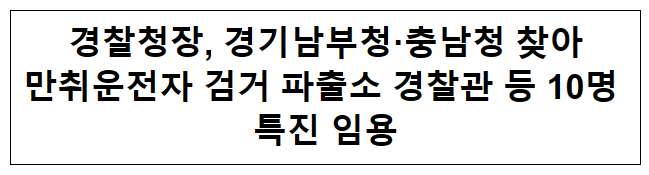 경찰청장, 경기남부청·충남청 찾아 만취운전자 검거 파출소 경찰관 등 10명 특진 임용 경찰청장, 경기남부청·충남청 찾아 만취운전자 검거 파출소 경찰관 등 10명 특진 임용