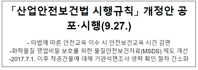 「산업안전보건법 시행규칙」 개정안 공포·시행(9.27.) 「산업안전보건법 시행규칙」 개정안 공포·시행(9.27.)