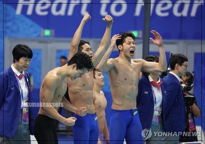 항저우 아시안게임 수영 계영 종목 레전드 경기 상황!