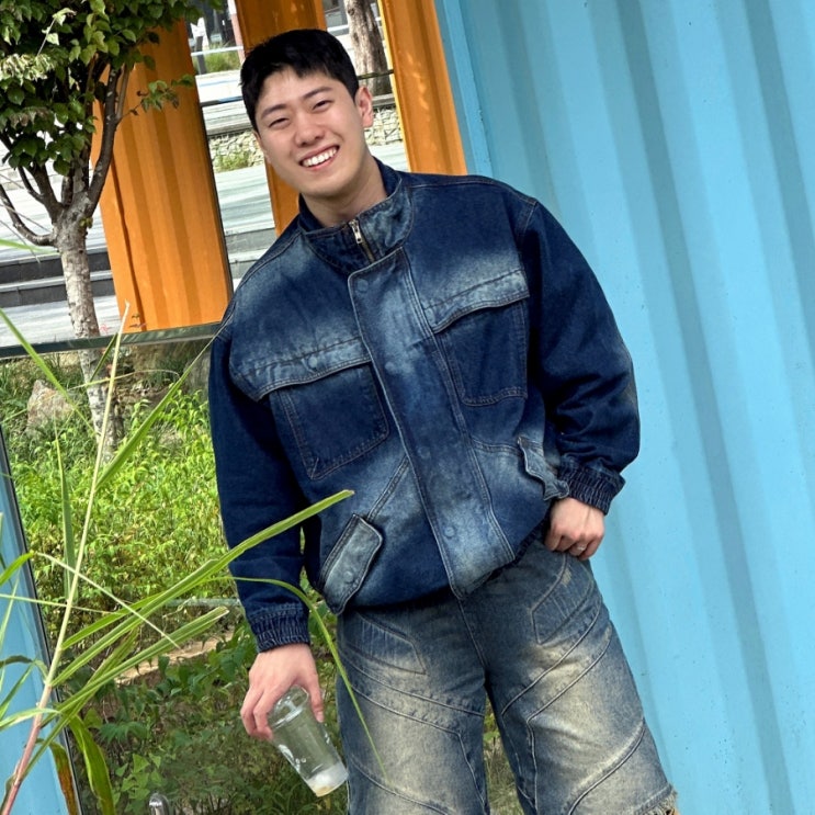  남자 데님 블루종 자켓 코디 젠사이 유니크한 청청 셋업