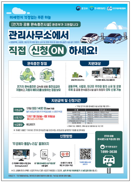 전기차 공용 완속충전기 설치, 이젠 직접 신청하세요(1월 2일부터 6월 30일까지, 무공해차통합누리집을 통해 접수) 전기차 공용 완속충전기 설치, 이젠 직접 신청하세요(1월 2일부터 6월 30일까지, 무공해차통합누리집을 통해 접수)