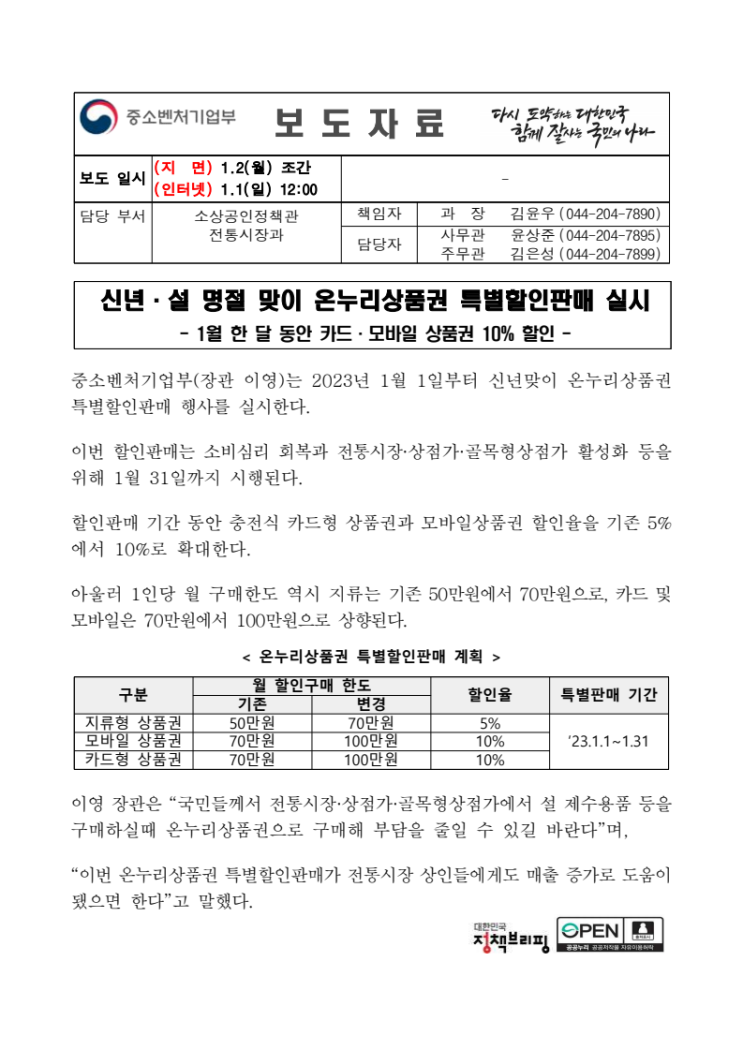 신년·설 명절 맞이 온누리상품권 할인권 10%확대